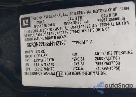 2005 Hummer H2 Sut из США, поврежденный, VIN 5GRGN22U35H113797